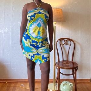 Pucci-Style Halter Dress with Blue and Green Patterns